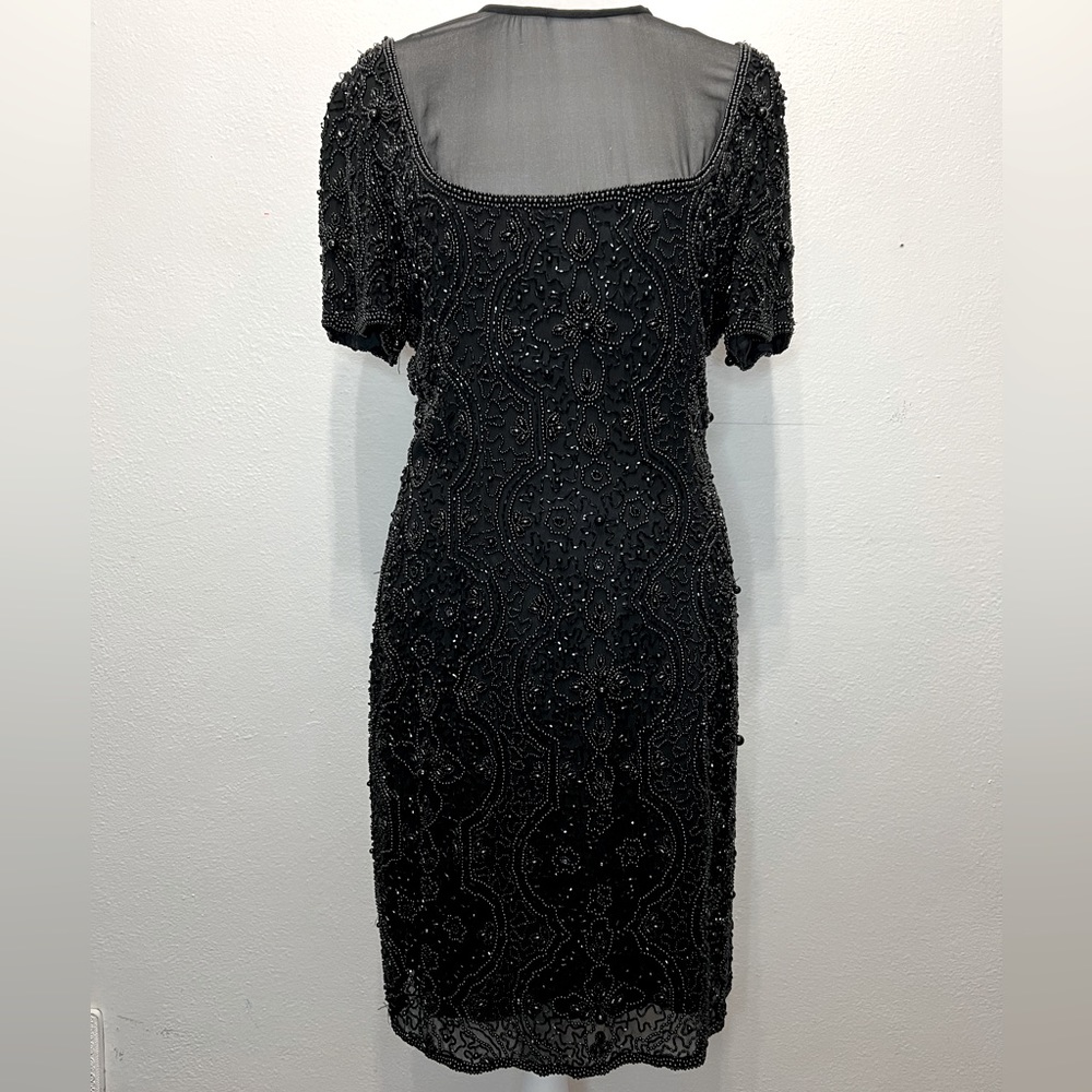 Oleg Cassini Black Tie Vintage Mesh and‎ Beaded Black Evening Mini Dress Size 8